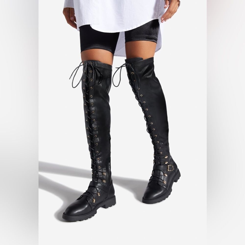 Women’s Over-the-Knee Lace-Up Combat Boots - Black